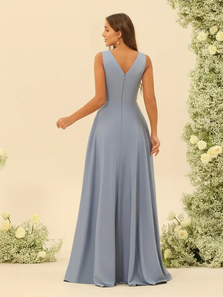 Dusty‑Blue Satin Pleated‑V‑Neck High‑Low Ruffled‑Slit A‑Line Bridesmaid Dresses