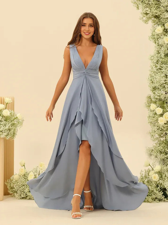 Dusty‑Blue Satin Pleated‑V‑Neck High‑Low Ruffled‑Slit A‑Line Bridesmaid Dresses
