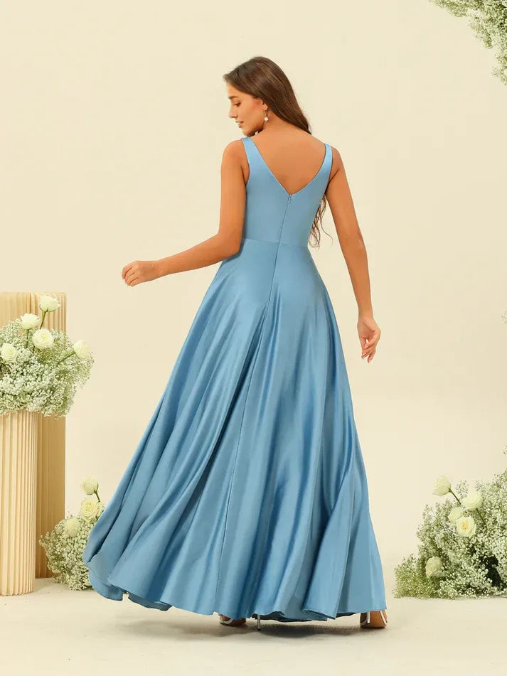Dusty‑Blue Satin Spaghetti‑Strap Cross‑Twist High‑Slit A‑Line Bridesmaid Dresses