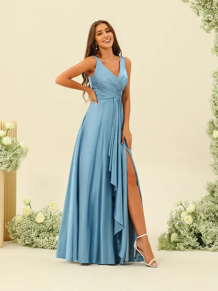 Dusty‑Blue Satin Spaghetti‑Strap Cross‑Twist High‑Slit A‑Line Bridesmaid Dresses
