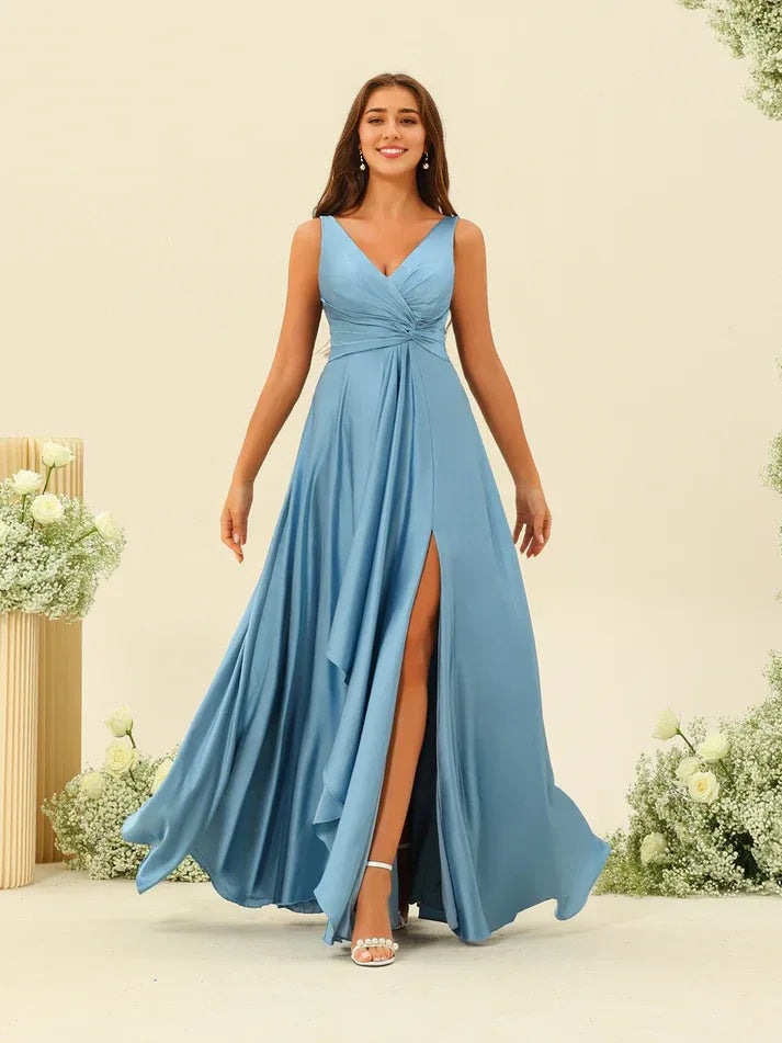 Dusty‑Blue Satin Spaghetti‑Strap Cross‑Twist High‑Slit A‑Line Bridesmaid Dresses