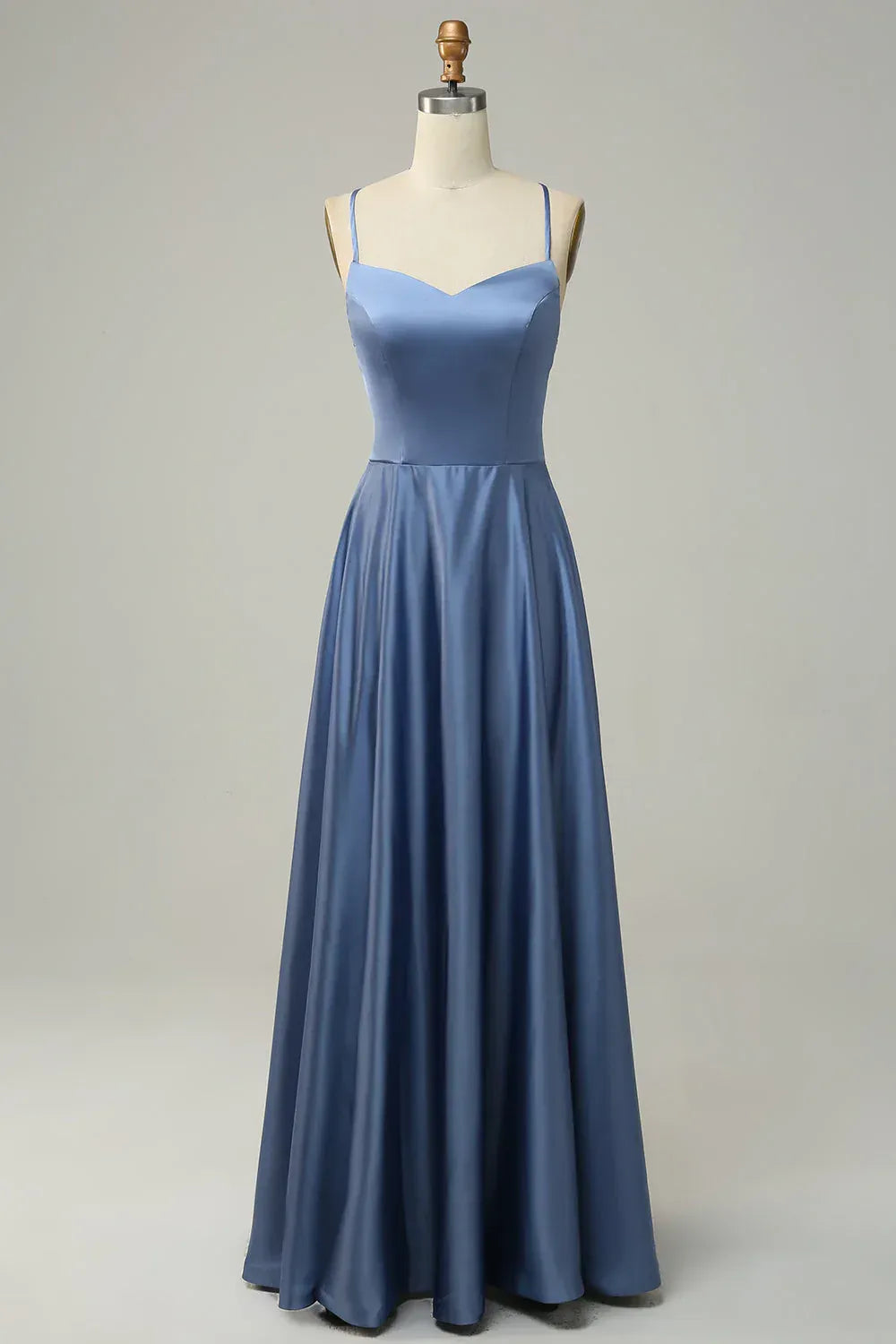 Dusty‑Blue Spaghetti‑Strap Satin Crisscross‑Back A‑Line Bridesmaid Dresses