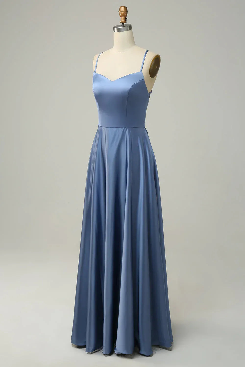 Dusty‑Blue Spaghetti‑Strap Satin Crisscross‑Back A‑Line Bridesmaid Dresses