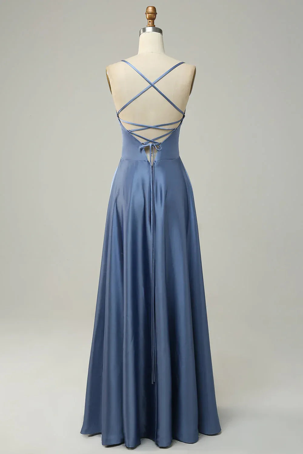 Dusty‑Blue Spaghetti‑Strap Satin Crisscross‑Back A‑Line Bridesmaid Dresses