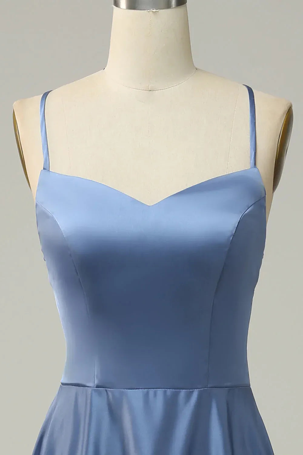 Dusty‑Blue Spaghetti‑Strap Satin Crisscross‑Back A‑Line Bridesmaid Dresses