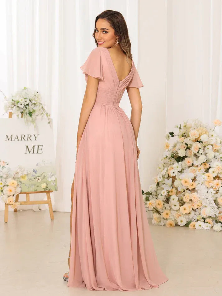 Dusty‑Blush Chiffon Flutter‑Short‑Sleeve Cross‑Pleated High‑Slit A‑Line Bridesmaid Dresses