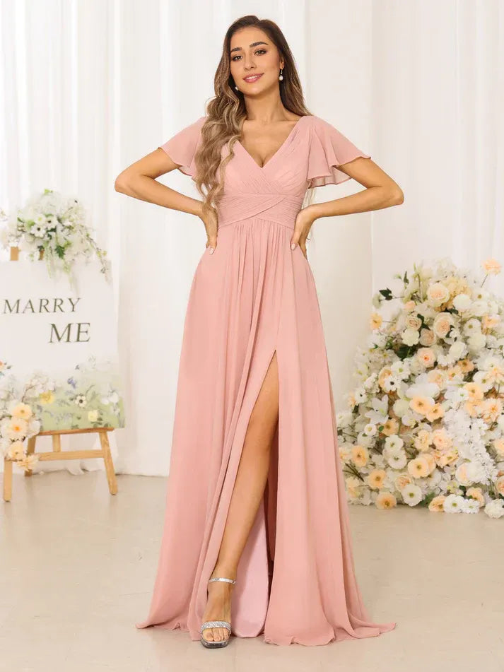 Dusty‑Blush Chiffon Flutter‑Short‑Sleeve Cross‑Pleated High‑Slit A‑Line Bridesmaid Dresses
