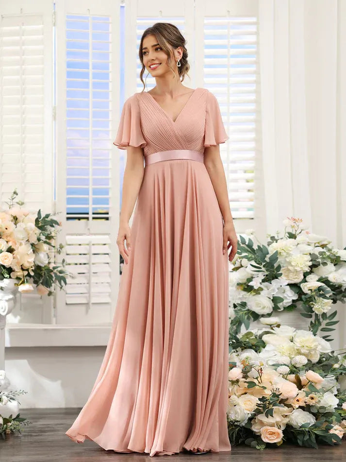 Dusty‑Blush Chiffon Flutter‑Short‑Sleeve Satin‑Waistband Pocketed A‑Line Bridesmaid Dresses