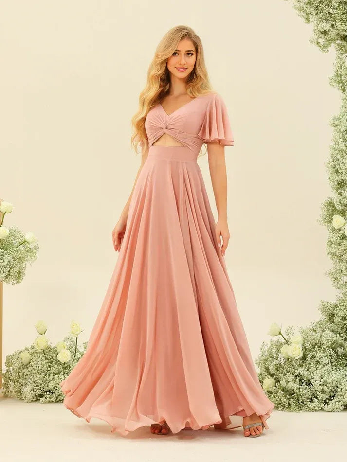 Dusty‑Blush Chiffon Flutter‑Short‑Sleeve Twist‑Cutout Tie‑Back High‑Slit A‑Line Bridesmaid Dresses