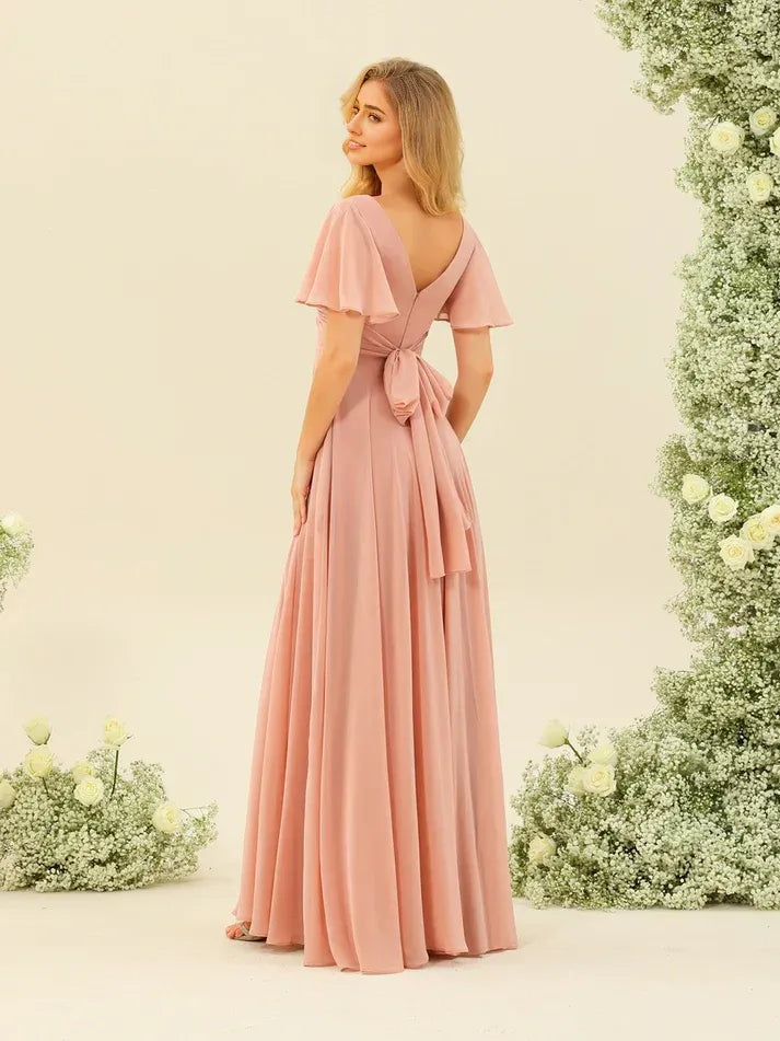 Dusty‑Blush Chiffon Flutter‑Short‑Sleeve Twist‑Cutout Tie‑Back High‑Slit A‑Line Bridesmaid Dresses