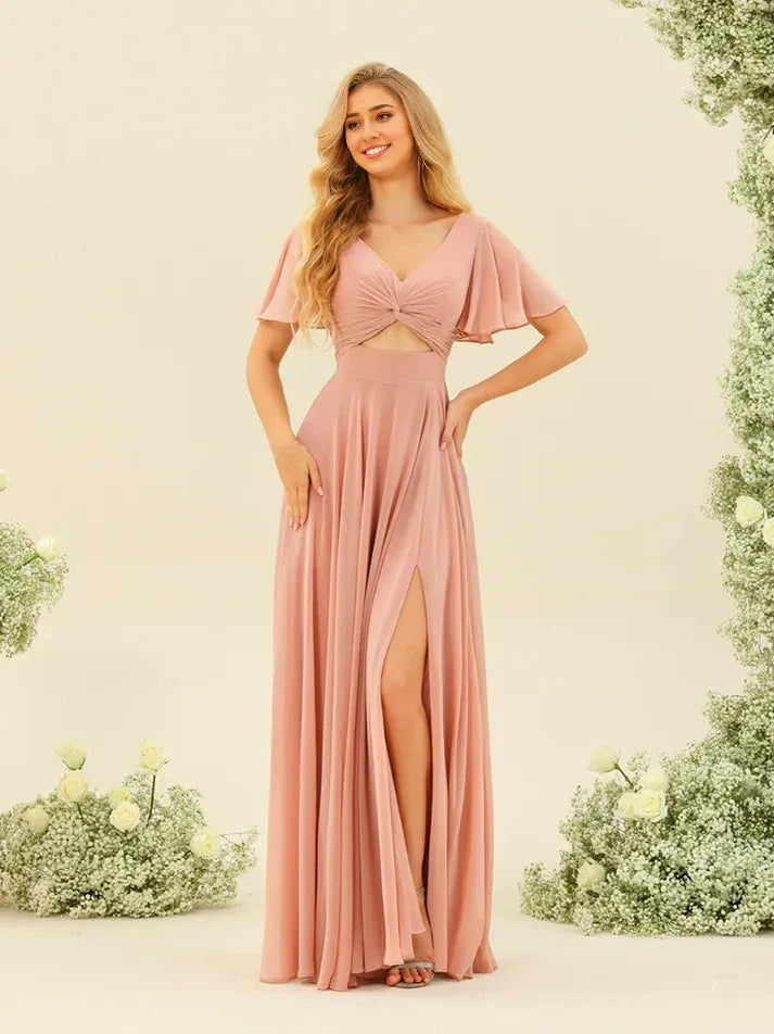 Dusty‑Blush Chiffon Flutter‑Short‑Sleeve Twist‑Cutout Tie‑Back High‑Slit A‑Line Bridesmaid Dresses