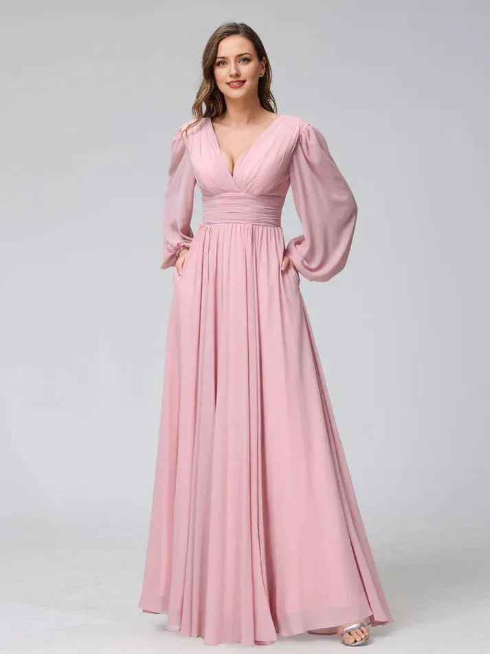 Dusty‑Blush Chiffon Long‑Sleeve Deep‑V‑Neck High‑Slit Pocketed A‑Line Bridesmaid Dresses
