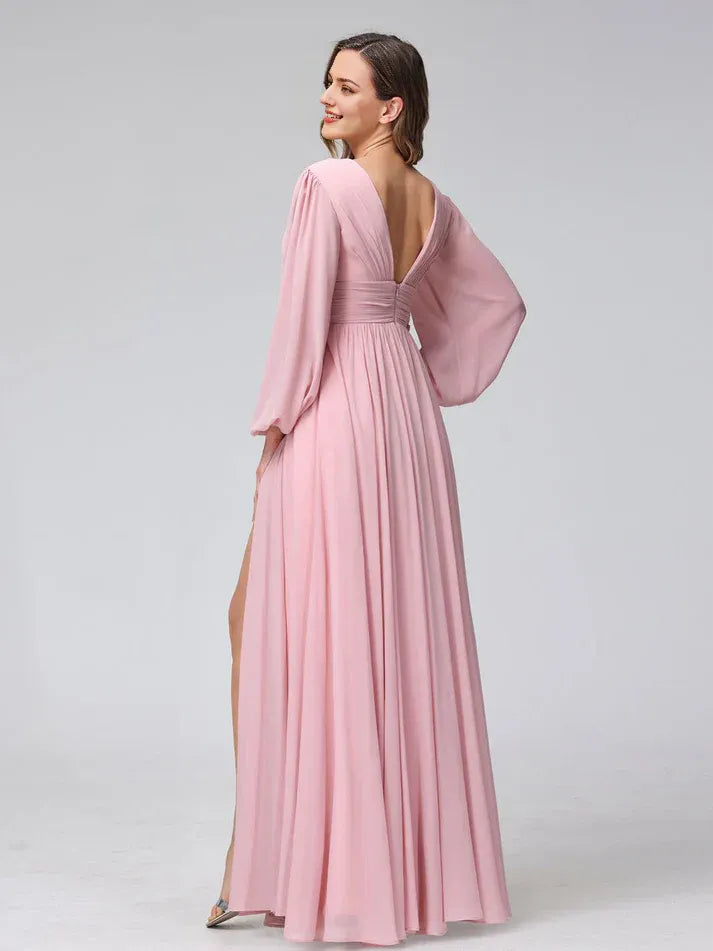 Dusty‑Blush Chiffon Long‑Sleeve Deep‑V‑Neck High‑Slit Pocketed A‑Line Bridesmaid Dresses