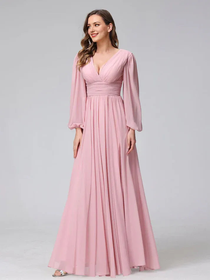 Dusty‑Blush Chiffon Long‑Sleeve Deep‑V‑Neck High‑Slit Pocketed A‑Line Bridesmaid Dresses
