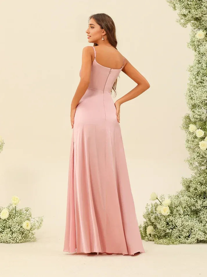 Dusty‑Blush Satin Cowl‑Neck Spaghetti‑Strap High‑Slit Mermaid Bridesmaid Dresses