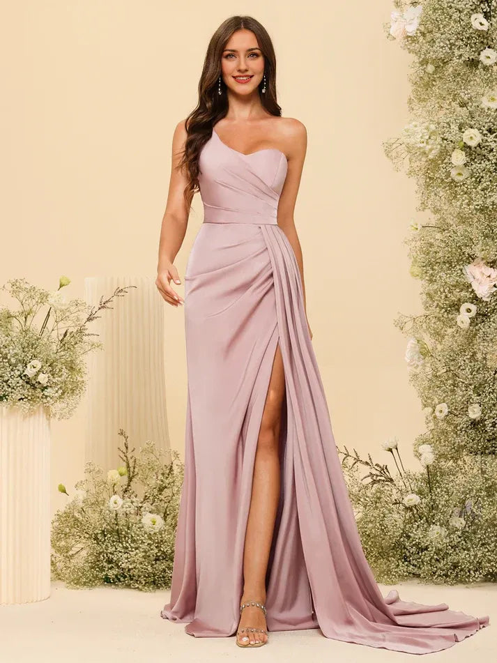 Dusty‑Blush Satin One‑Shoulder Pleated‑Bodice High‑Slit Mermaid Bridesmaid Dresses