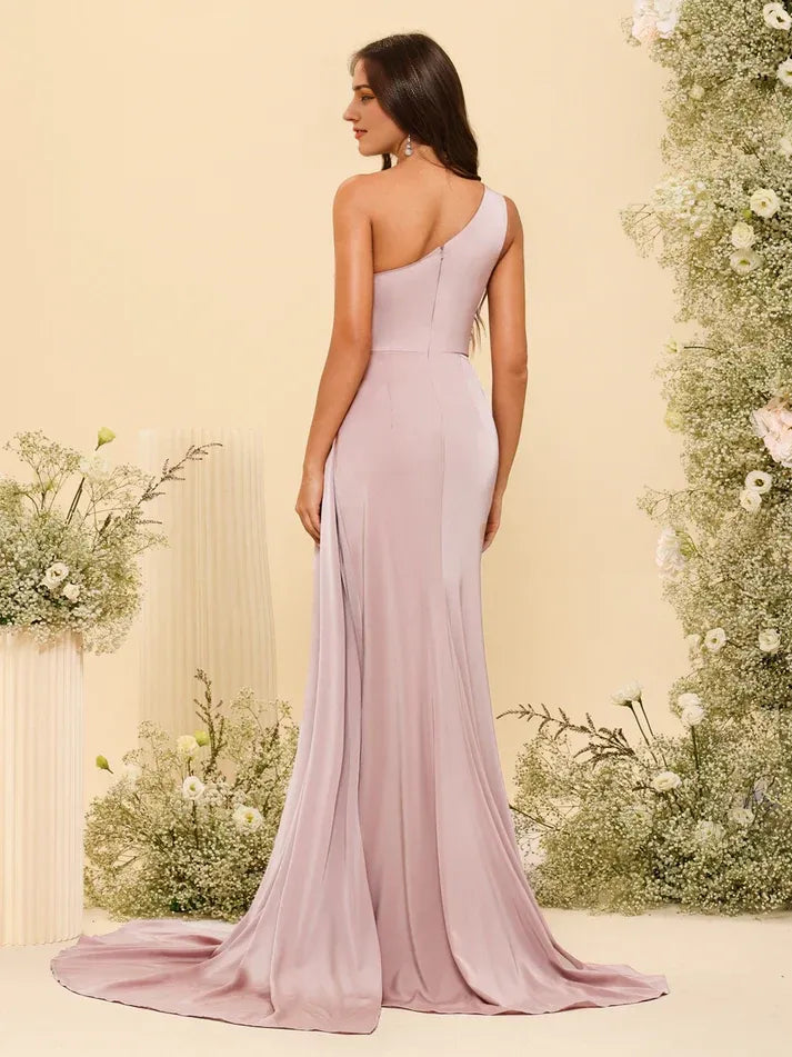Dusty‑Blush Satin One‑Shoulder Pleated‑Bodice High‑Slit Mermaid Bridesmaid Dresses
