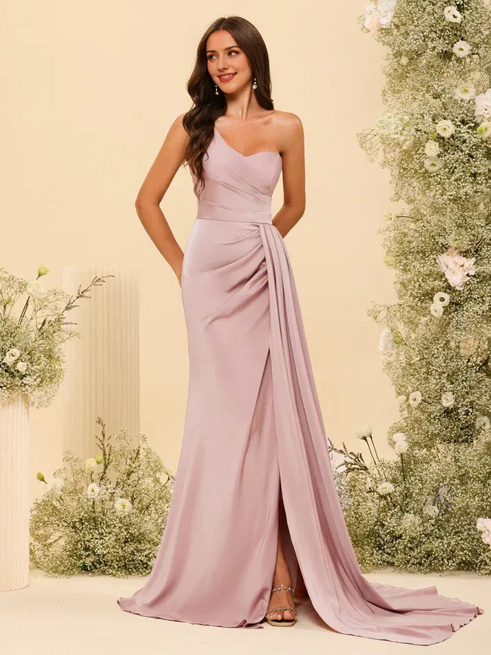 Dusty‑Blush Satin One‑Shoulder Pleated‑Bodice High‑Slit Mermaid Bridesmaid Dresses