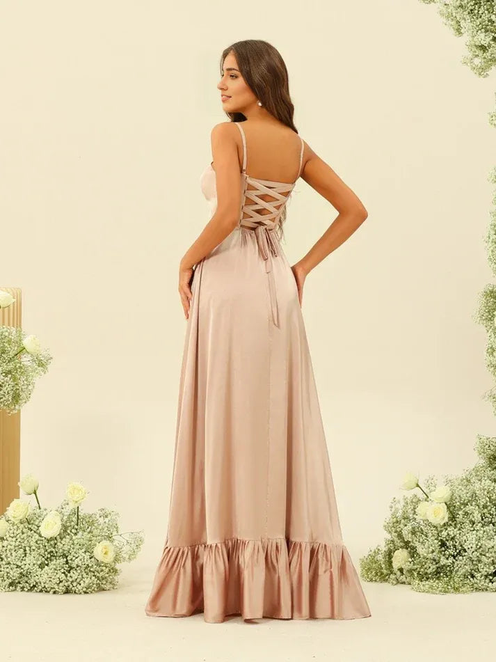 Dusty‑Blush Satin Square‑Neck Lace‑Up Ruffled High‑Slit A‑Line Bridesmaid Dresses