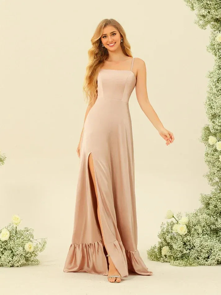 Dusty‑Blush Satin Square‑Neck Lace‑Up Ruffled High‑Slit A‑Line Bridesmaid Dresses