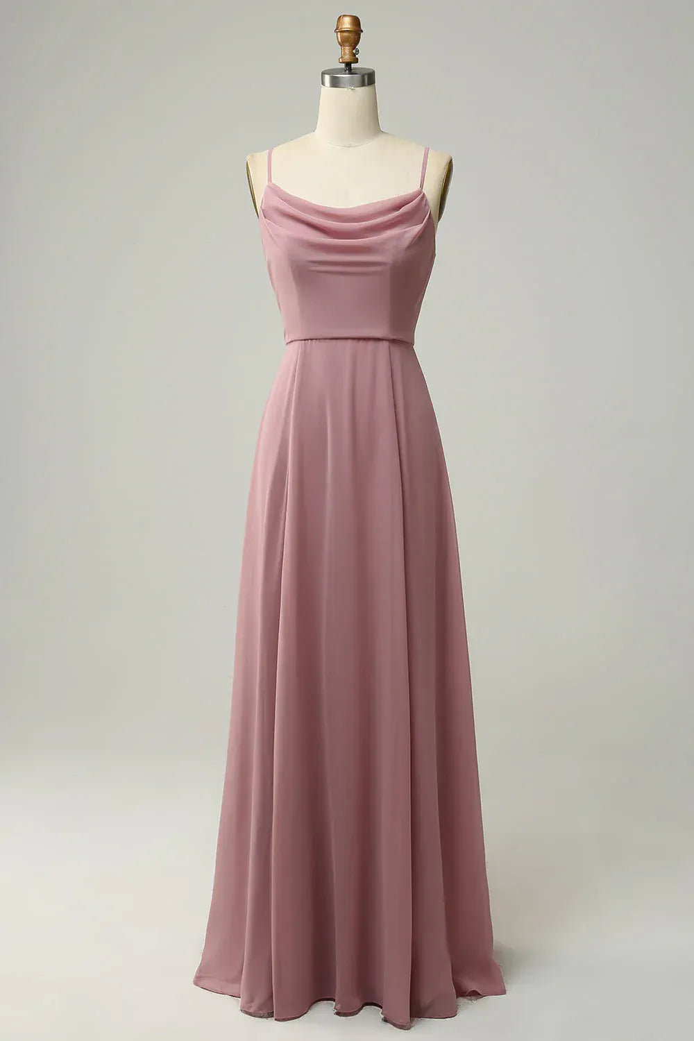 Dusty‑Mauve Chiffon Spaghetti‑Strap Cowl‑Neck A‑Line Bridesmaid Dresses