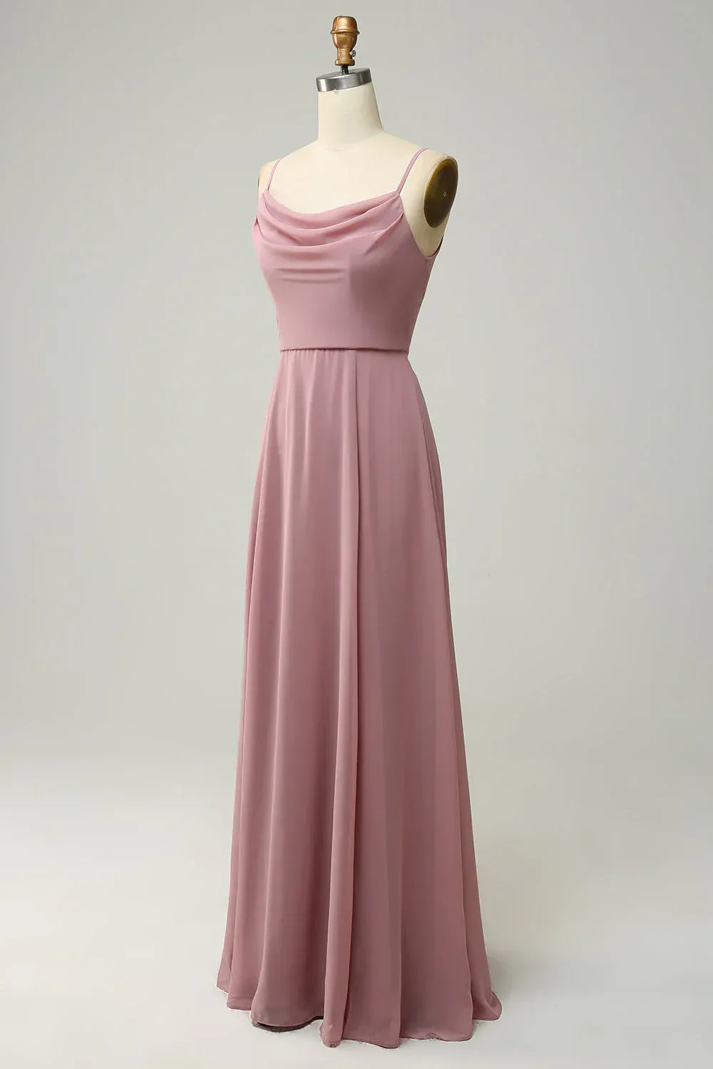Dusty‑Mauve Chiffon Spaghetti‑Strap Cowl‑Neck A‑Line Bridesmaid Dresses