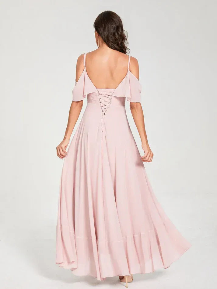 Dusty‑Pink Chiffon Cold‑Shoulder Ruffled Lace‑Up High‑Low Bridesmaid Dresses