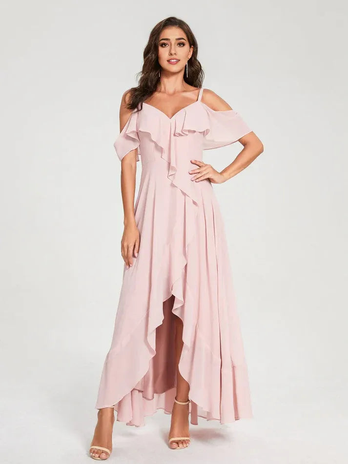 Dusty‑Pink Chiffon Cold‑Shoulder Ruffled Lace‑Up High‑Low Bridesmaid Dresses