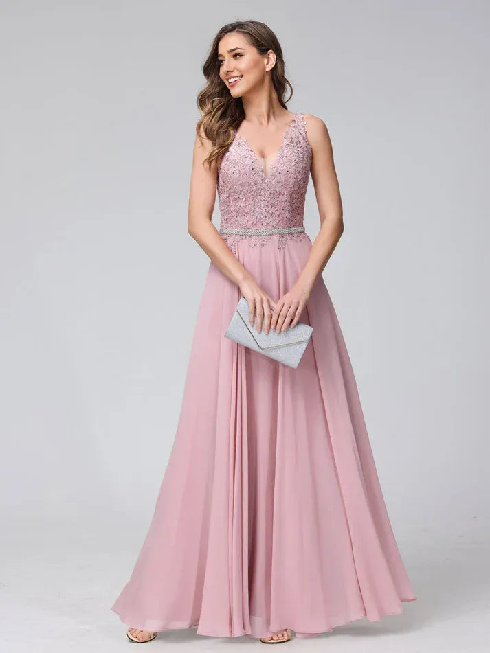 Dusty‑Pink Chiffon Lace‑Appliqué Beaded‑Waist Lace‑Up V‑Neck A‑Line Bridesmaid Dresses