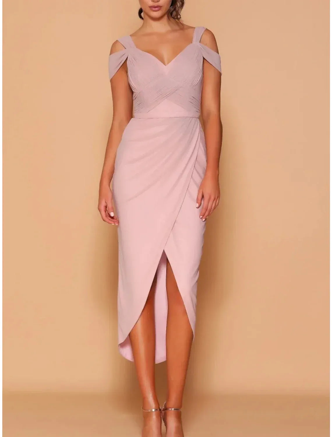 Dusty‑Pink Chiffon Off‑The‑Shoulder Cross‑Wrap High‑Slit Midi Bridesmaid Dresses