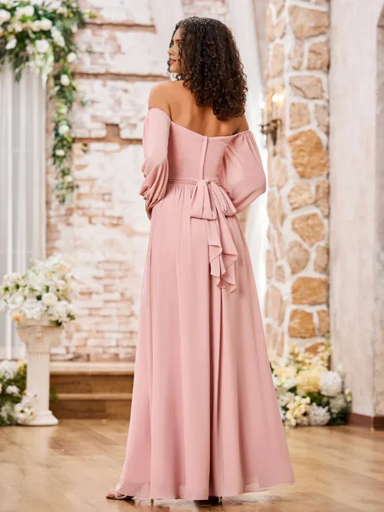 Dusty‑Pink Chiffon Off‑The‑Shoulder Long‑Sleeve Tie‑Back High‑Slit A‑Line Bridesmaid Dresses