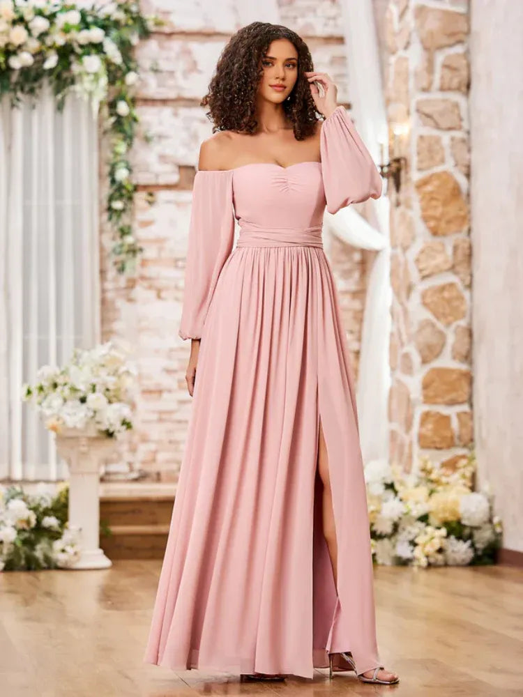 Dusty‑Pink Chiffon Off‑The‑Shoulder Long‑Sleeve Tie‑Back High‑Slit A‑Line Bridesmaid Dresses