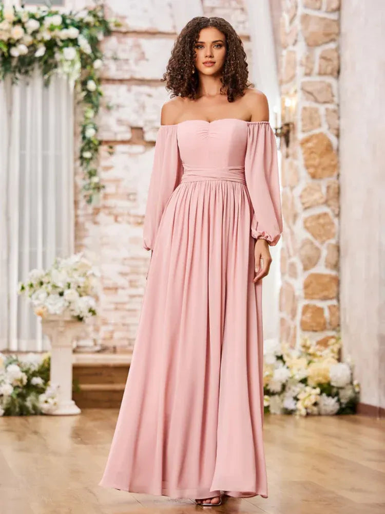 Dusty‑Pink Chiffon Off‑The‑Shoulder Long‑Sleeve Tie‑Back High‑Slit A‑Line Bridesmaid Dresses