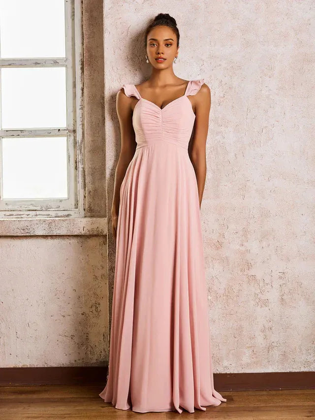 Dusty‑Pink Chiffon Ruffle‑Strap Sweetheart Empire‑Waist A‑Line Bridesmaid Dresses