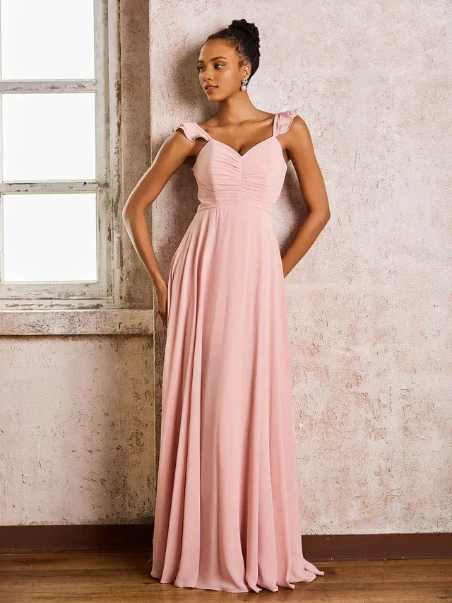 Dusty‑Pink Chiffon Ruffle‑Strap Sweetheart Empire‑Waist A‑Line Bridesmaid Dresses