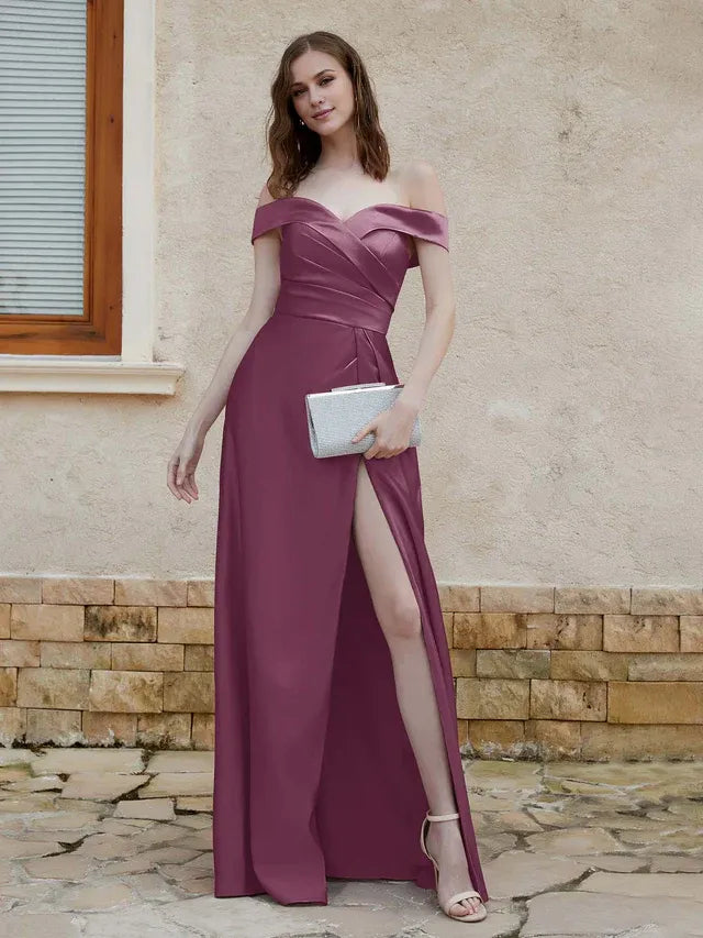 Dusty‑Plum Satin Off‑The‑Shoulder Wrap‑V‑Neck High‑Slit Pocket‑Design Sheath Bridesmaid Dresses