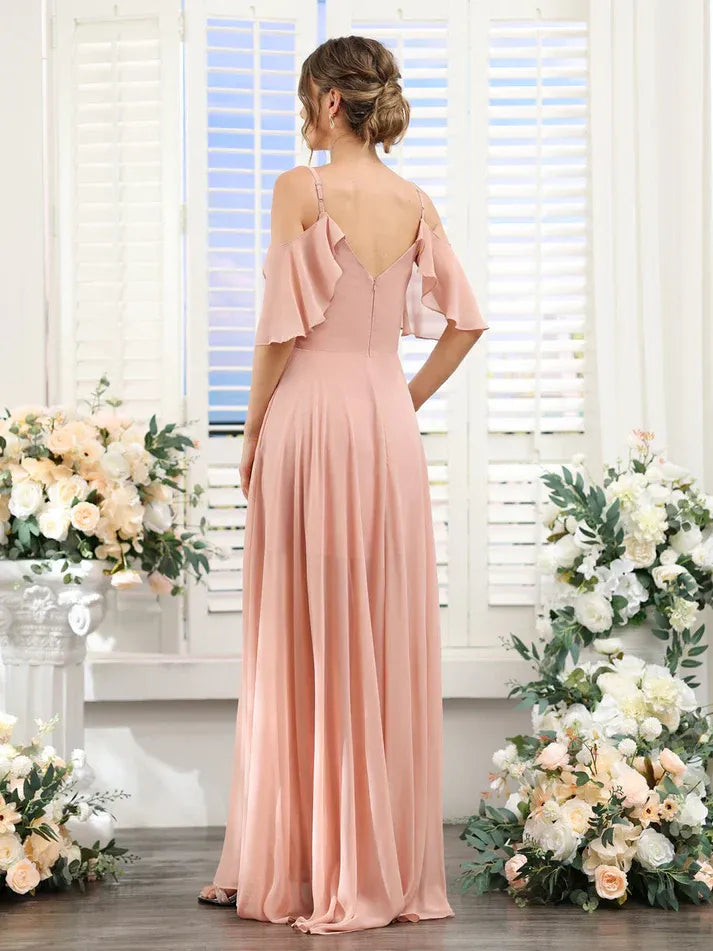 Dusty‑Rose Chiffon Cold‑Shoulder Ruffled Spaghetti‑Strap High‑Slit Asymmetrical Bridesmaid Dresses