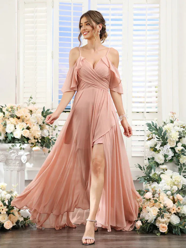 Dusty‑Rose Chiffon Cold‑Shoulder Ruffled Spaghetti‑Strap High‑Slit Asymmetrical Bridesmaid Dresses