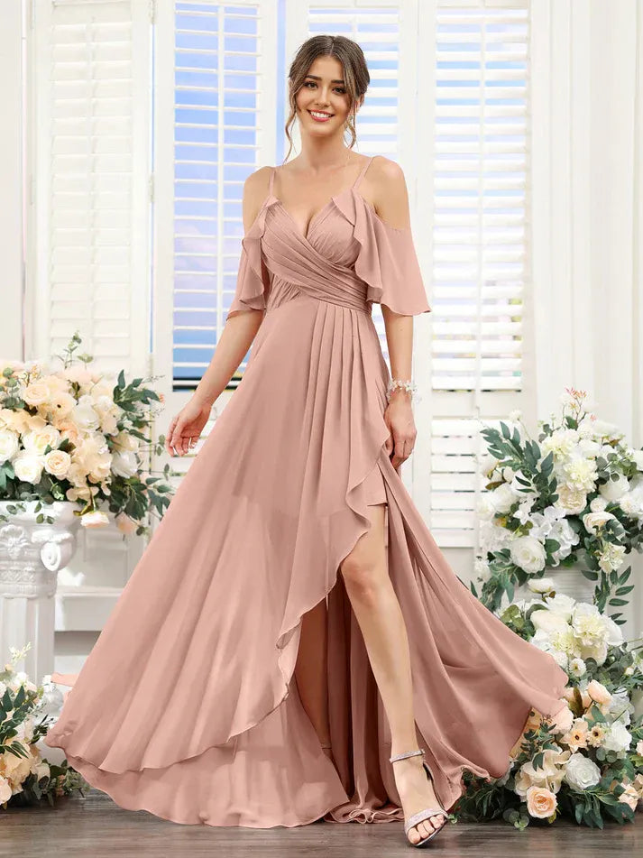 Dusty‑Rose Chiffon Cold‑Shoulder Ruffled Spaghetti‑Strap High‑Slit Asymmetrical Bridesmaid Dresses