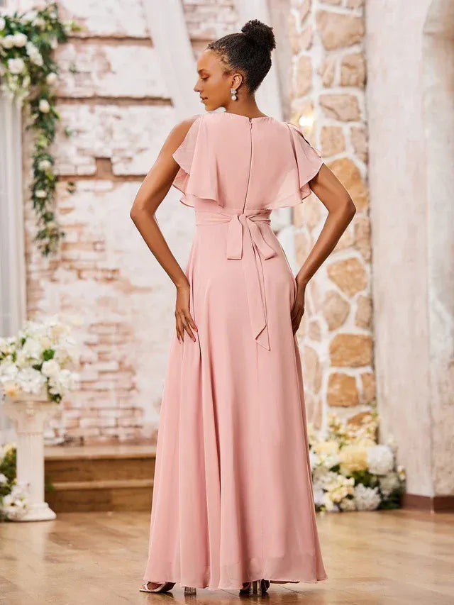 Dusty‑Rose Chiffon Flutter‑Short‑Sleeve V‑Neck Tie‑Back A‑Line Bridesmaid Dresses