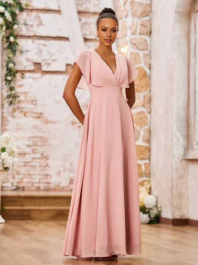 Dusty‑Rose Chiffon Flutter‑Short‑Sleeve V‑Neck Tie‑Back A‑Line Bridesmaid Dresses