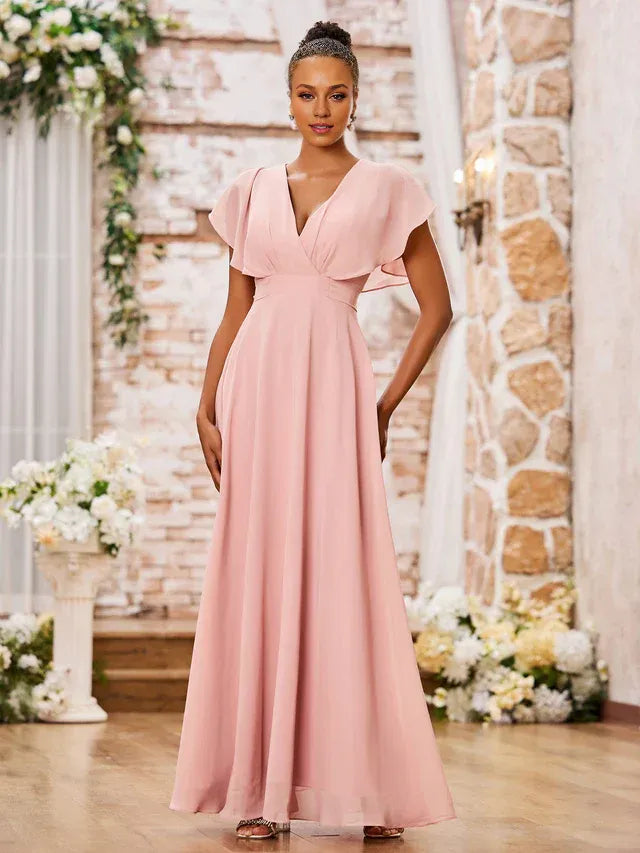 Dusty‑Rose Chiffon Flutter‑Short‑Sleeve V‑Neck Tie‑Back A‑Line Bridesmaid Dresses