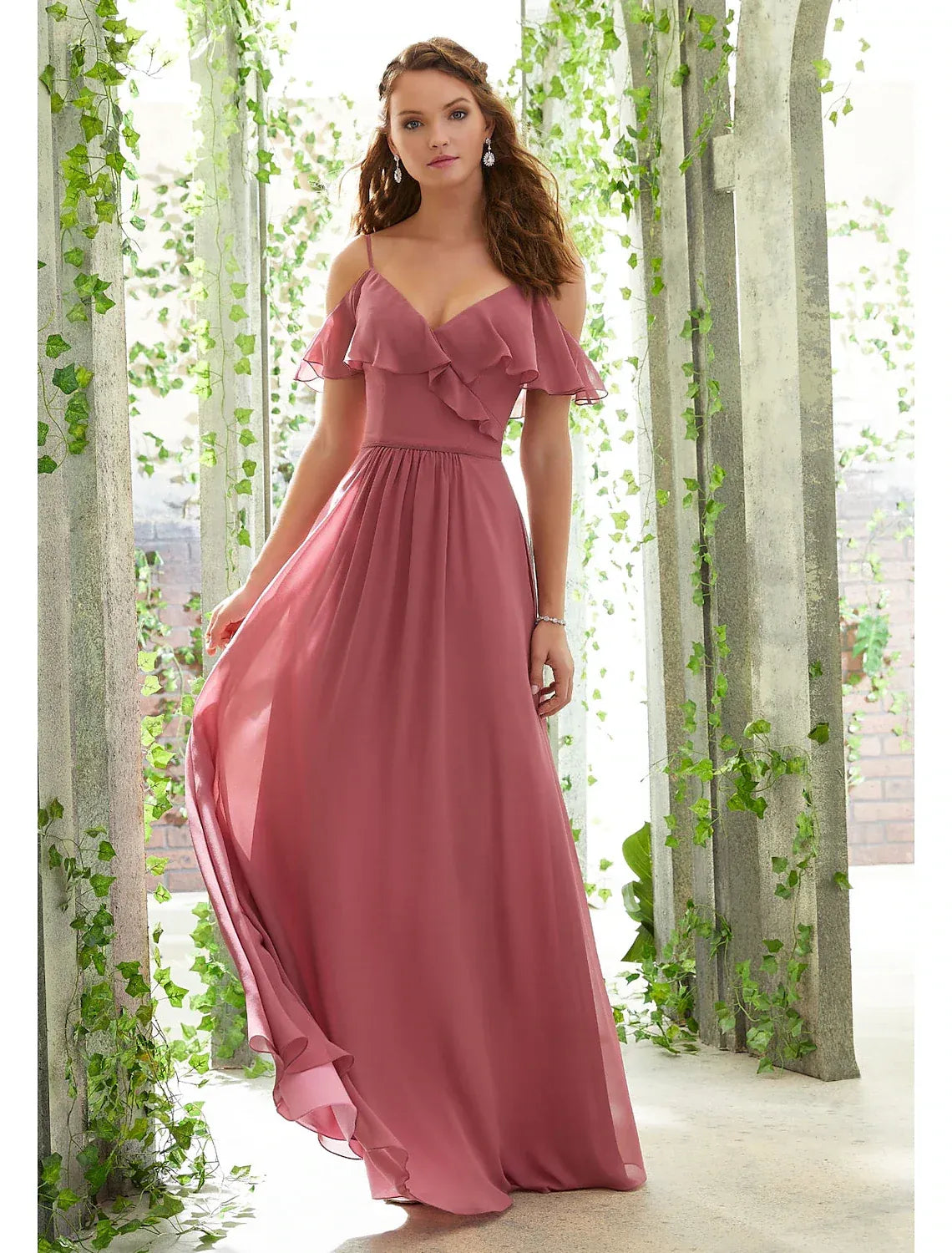 Dusty‑Rose Chiffon Off‑The‑Shoulder Ruffle‑Trim Spaghetti‑Strap A‑Line Bridesmaid Dresses