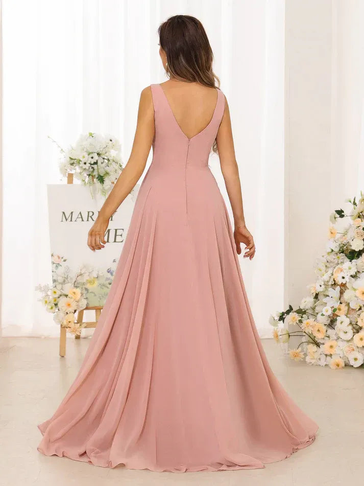 Dusty‑Rose Chiffon Sleeveless Pleated‑V‑Neck Ruffle‑Slit Pocketed A‑Line Bridesmaid Dresses