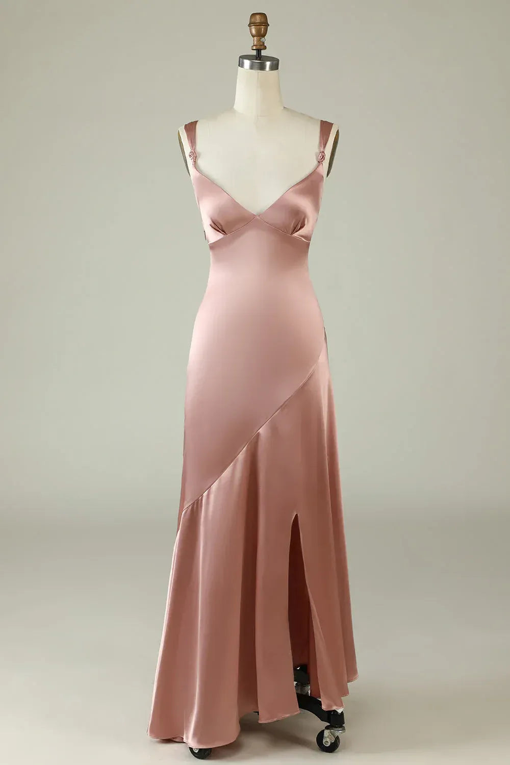 Dusty‑Rose Satin Knotted‑Strap Diagonal‑Seam High‑Slit Mermaid Bridesmaid Dresses