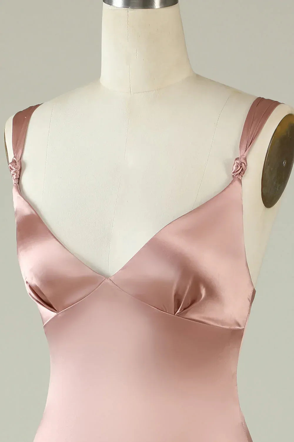 Dusty‑Rose Satin Knotted‑Strap Diagonal‑Seam High‑Slit Mermaid Bridesmaid Dresses