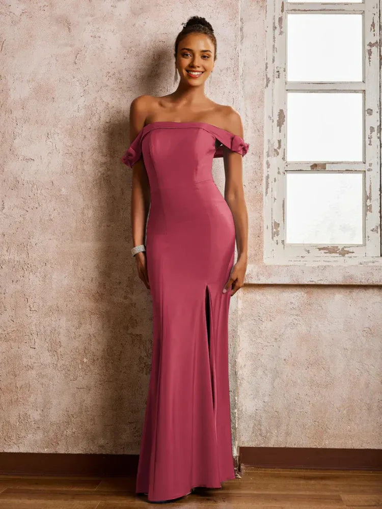 Dusty‑Rose Satin Off‑The‑Shoulder Bow‑Trim High‑Slit Mermaid Bridesmaid Dresses