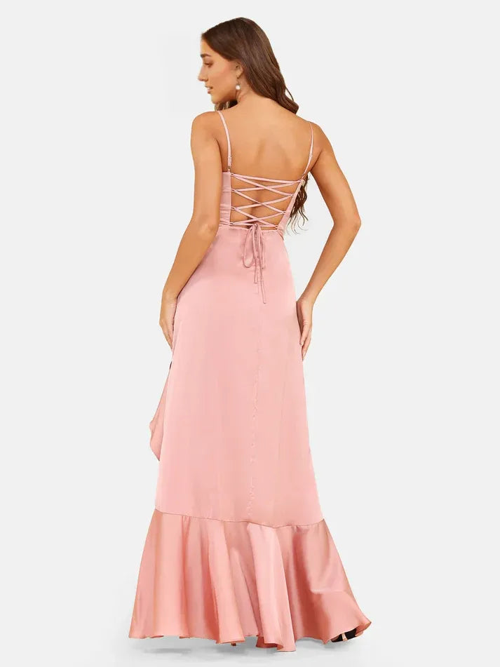 Dusty‑Rose Satin Spaghetti‑Strap Cowl‑Neck Lace‑Up High‑Low Mermaid Bridesmaid Dresses