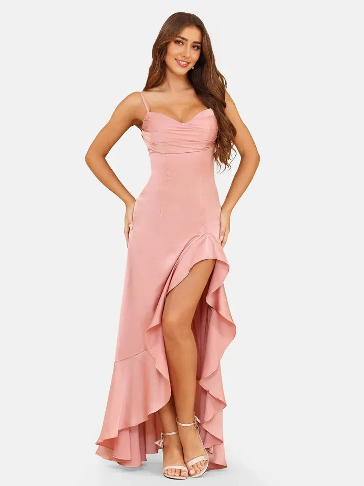 Dusty‑Rose Satin Spaghetti‑Strap Cowl‑Neck Lace‑Up High‑Low Mermaid Bridesmaid Dresses