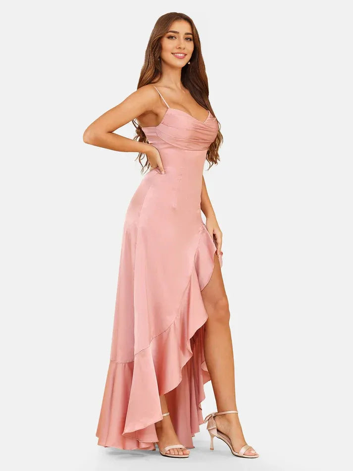 Dusty‑Rose Satin Spaghetti‑Strap Cowl‑Neck Lace‑Up High‑Low Mermaid Bridesmaid Dresses